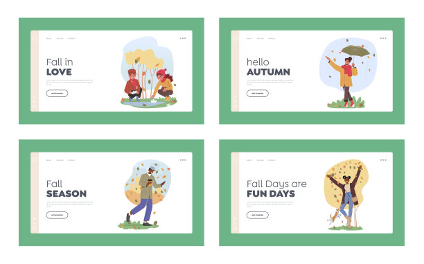 人物行走在秋日登陆页模板集。男人、女人和孩子在公园里玩树叶图片下载