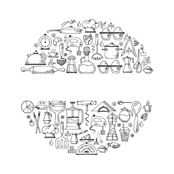 厨房工具的矢量圆背景。手绘涂鸦烹饪设备。插图餐厅菜单，食谱书，和墙纸。图片下载
