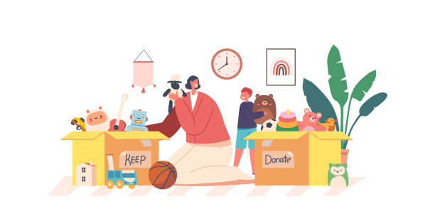 慈善、救助贫困儿童的理念。一名妇女和一名男孩孤儿从纸箱捐款箱里拿走玩具。对孩子的社会帮助图片下载