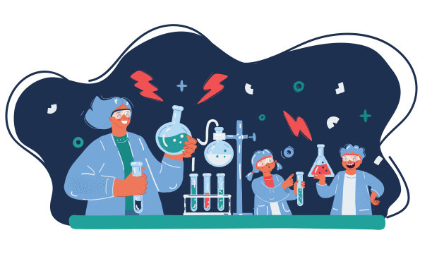 卡通矢量插图的孩子拿着实验室烧瓶图片下载