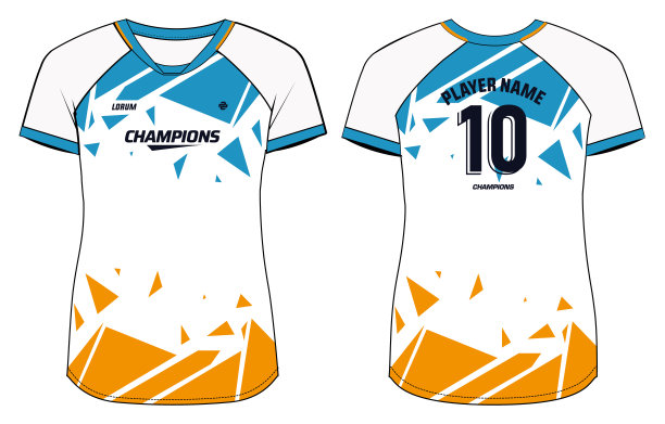 女子运动球衣t恤设计平面素描插图，三角形抽象图案V领t恤女士排球球衣，足球，羽毛球，足球和netball，运动制服套装图片下载