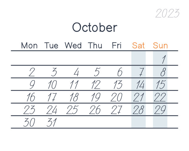 日期为2023年10月。一周从周一开始，后面是周六和周日。大数字。平面向量插图图片下载