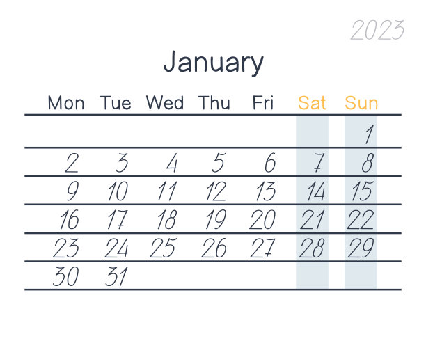 日期为2023年1月。一周从周一开始，后面是周六和周日。大数字。平面向量插图图片下载