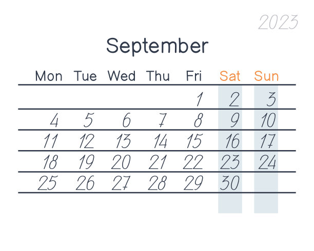 日期截止到2023年9月。一周从周一开始，后面是周六和周日。大数字。平面向量插图图片下载