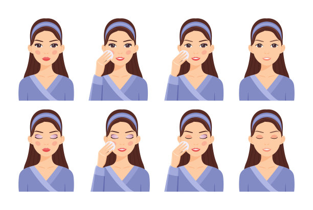 脸上化妆的黑发女子。女士卸妆。步骤。健康清洁的皮肤。女性脸上自然的美丽和快乐的微笑。彩色卡通风格。白色背景。矢量插图。图片下载