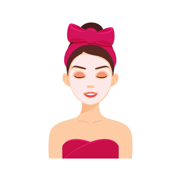 深色头发的女人与粉红色的粘土面具在脸上。皮肤护理。肖像女士在一个红色的毛巾和头带与蝴蝶结在头上。女性性格与微笑。彩色卡通风格。白色背景。向量。图片下载