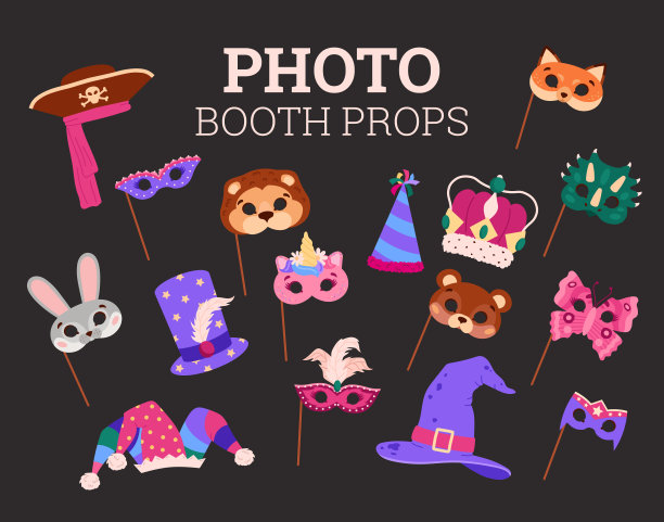 照相亭道具和面具，魔术物品集合矢量插图孤立。图片下载