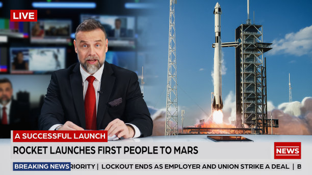 分屏电视新闻直播:主播谈话。太空旅行，与宇航员成功发射火箭，控制室庆祝。有线频道电视节目概念。图片下载