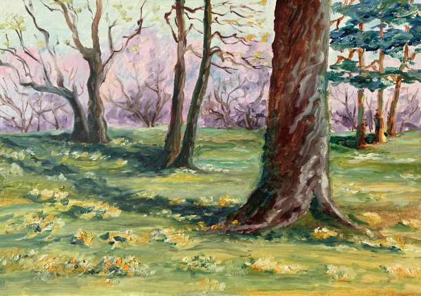 花木春景，油画。图片下载