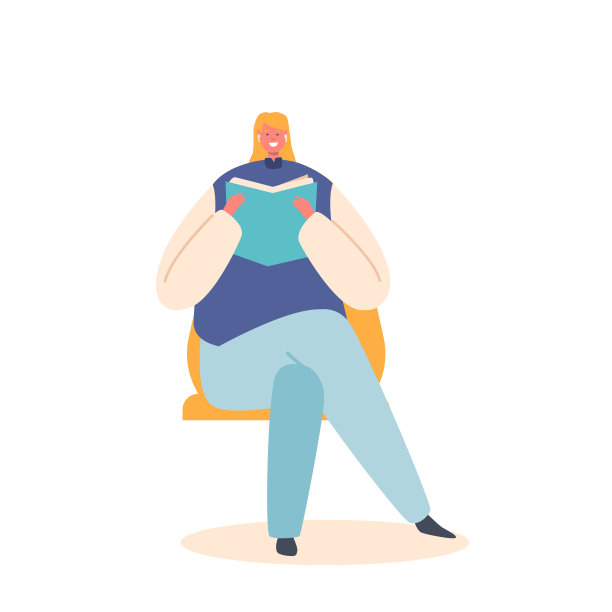 年轻女子戴着耳塞坐在椅子上阅读白色背景上隔离的书籍。女性角色乘坐通勤者图片下载