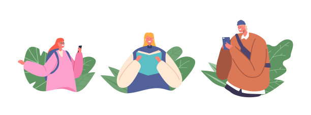 人的化身，孤立的快乐微笑的女人与书，小女孩与背包和青少年与智能手机图片下载