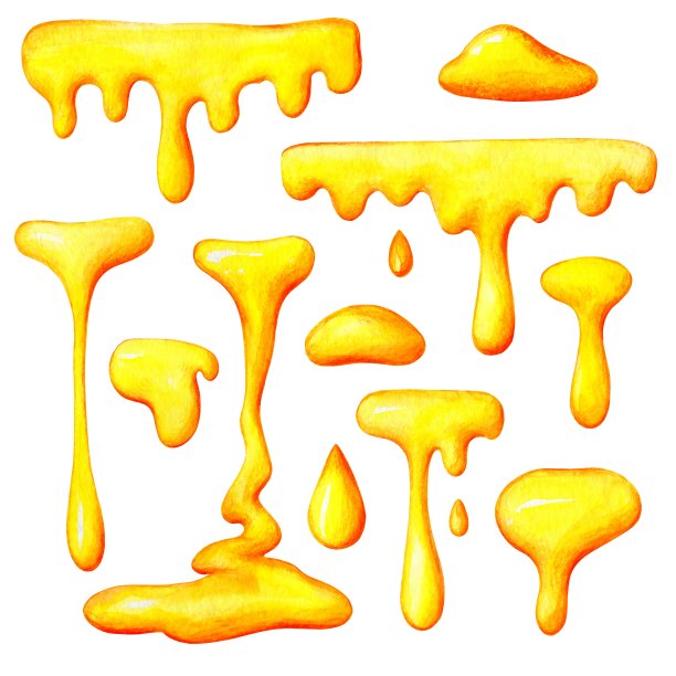 一套明亮的黄色蜂蜜滴，手绘卡通风格的插图，水彩图片下载