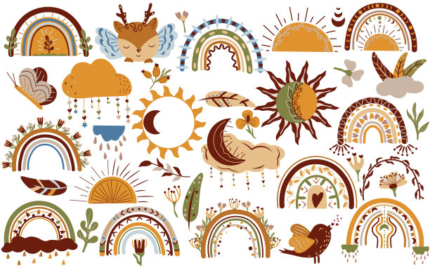 波西米亚元素云太阳彩虹花图片下载