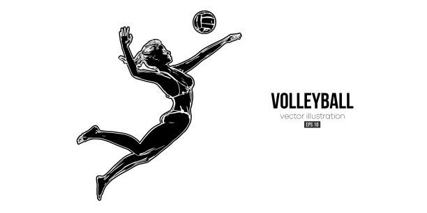 排球运动员在白色背景上的抽象剪影。排球女运动员击球。矢量图图片下载