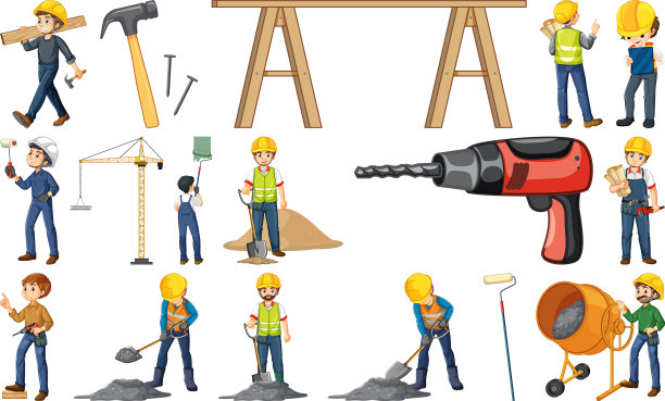 建筑工人配备人员和工具图片下载