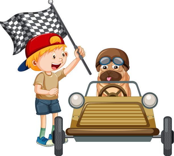 一辆哈巴狗赛车，一个男孩举着国旗图片下载