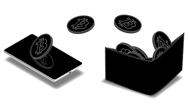 比特币从手机飞到钱包的等距轮廓孤立在白色背景。使用手机将比特币比特币加密货币转移到钱包的概念。图片下载