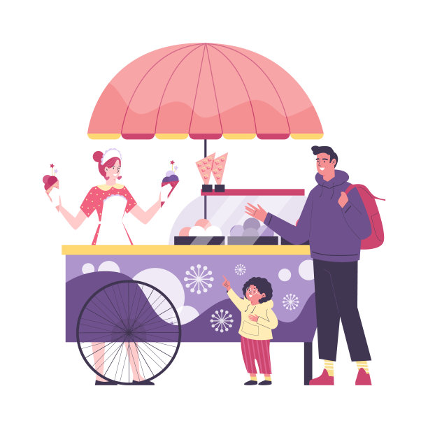 快乐的父亲和孩子在街头推车扁平化的眼镜买冰淇淋图片下载