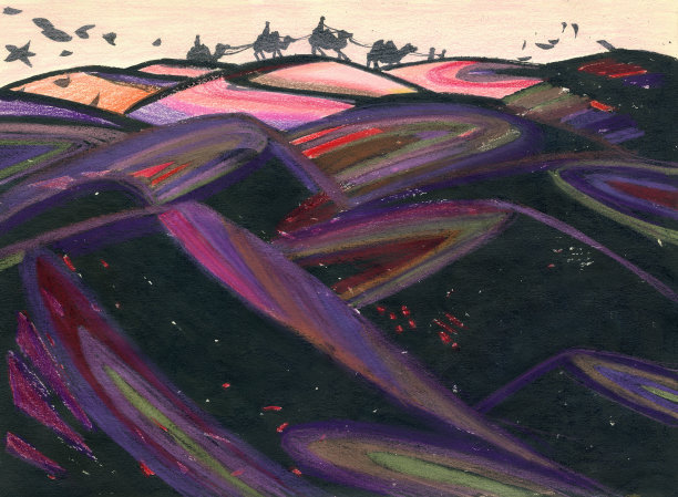 日出或日落时沙漠中的骆驼队图片下载