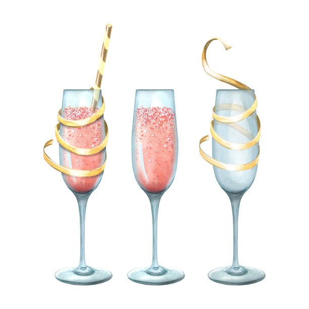 杯子里放着粉红色的香槟，空着一条缎带和一个鸡尾酒管。水彩插图。从一大堆生日快乐中分离出来的物体。用于装饰设计、构图。图片下载