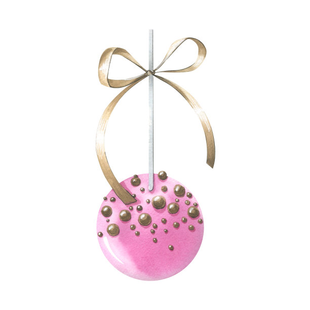 蛋糕用糖衣点缀成粉色，再用一根带蝴蝶结的小棍子点缀。水彩插图。从大量的SWEETS集合中分离出来的对象。用于装饰和设计，组合，贴纸，标志。图片下载