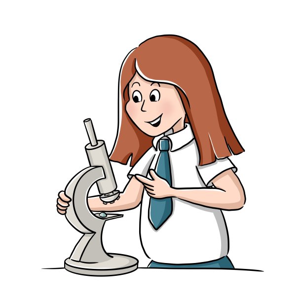 穿着校服拿着显微镜的可爱女孩。学科集合-生物学。学习用品。回到学校。图片下载