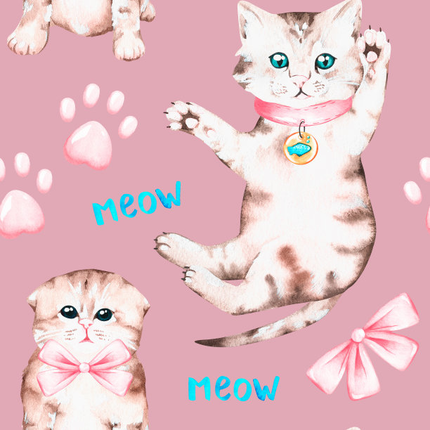 可爱的灰色的小猫。无缝模式。水彩插图。孤立在粉红色的背景上。图片下载