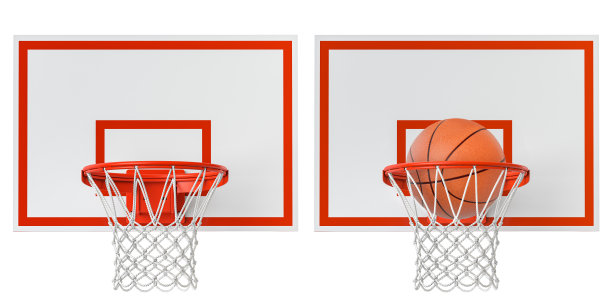 篮筐在篮板上，球孤立在白球上。图片下载