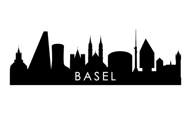 巴塞尔天际线轮廓。黑色巴塞尔城市设计孤立在白色背景。图片下载