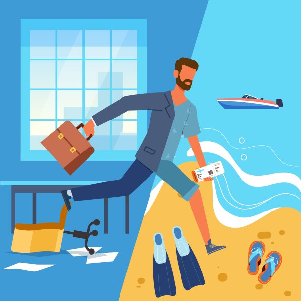 从工作到度假的快乐过渡。在职场和假期都是快乐的商人。逃离办公室工作。夏季旅游，海滩度假，在海滩上放松。矢量卡通平面概念图片下载