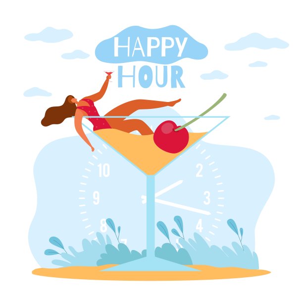 在酒吧和酒吧免费促销。第二杯是免费的，特价，饮料折扣，女孩躺在杯子里拿着鸡尾酒，营销宣传单。矢量卡通平面风格概念图片下载