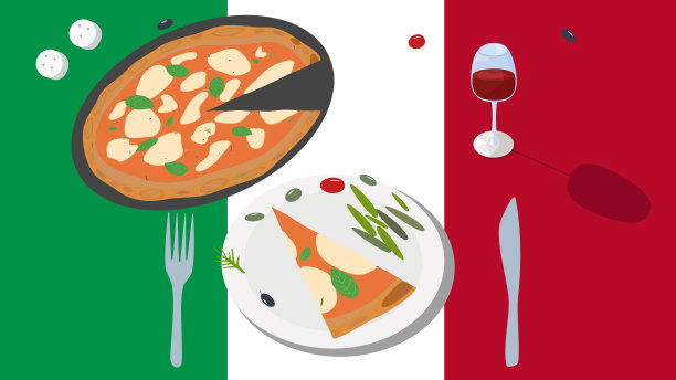 以意大利国旗为背景的新波利塔诺披萨和一杯葡萄酒图片下载