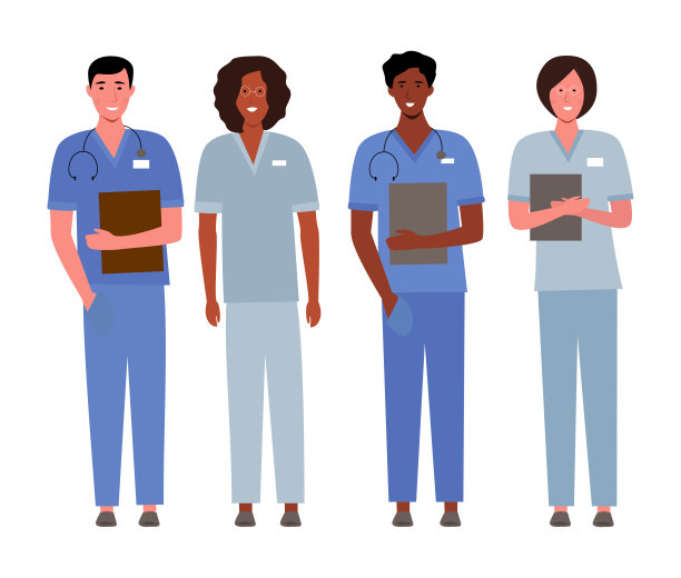 卡通国际集团的医院医务人员一起在一个白色的背景。平面向量插图。图片下载