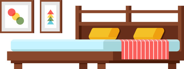 双人床在舒适的卧室与墙壁艺术图片下载