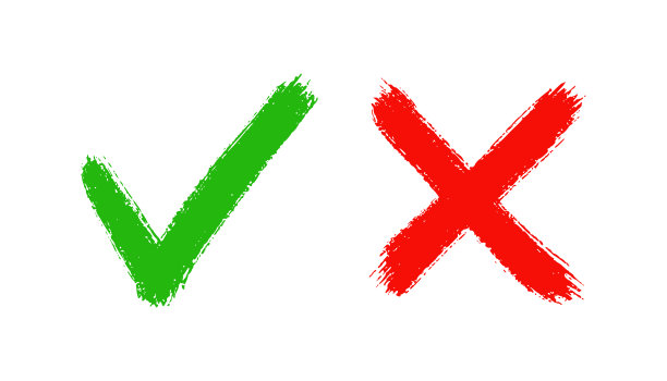 垃圾手绘勾勾和十字标记。刷绘制的符号OK, YES和NO, X勾选V和叉X复选框。真图标和假图标。矢量插图孤立在白色背景上图片下载