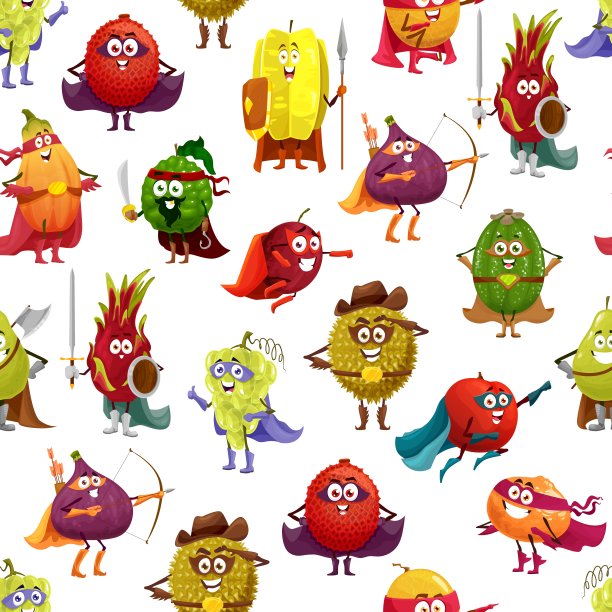 卡通水果超级英雄无缝矢量图案图片下载