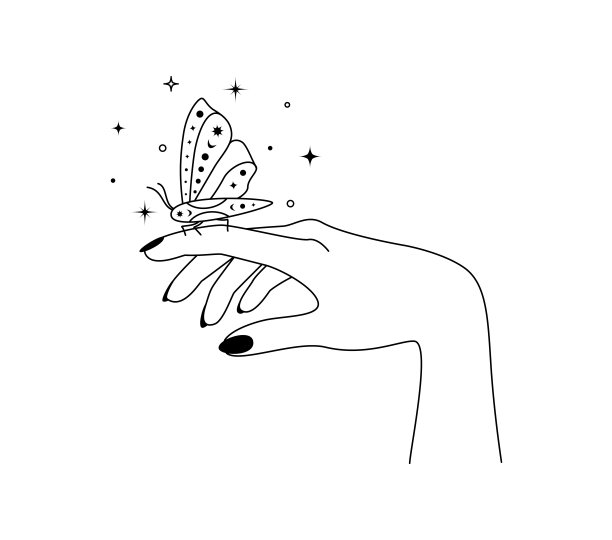 神奇的双手勾勒出夜蝶的轮廓。天蛾翅膀用于品牌标志化妆品美容产品和巫术商店的线性风格。涂鸦线条艺术矢量插图图片下载
