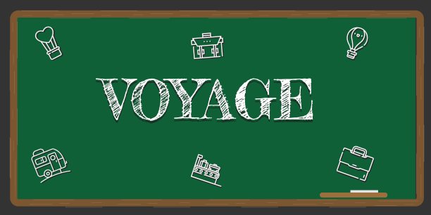 描绘绿色黑板的插图，黑板上用白色写着航行的概念。图片下载