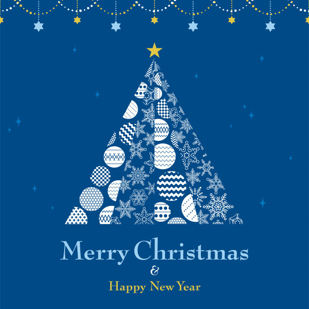 用雪花和装饰品做成的圣诞树卡片。蓝色背景图片下载