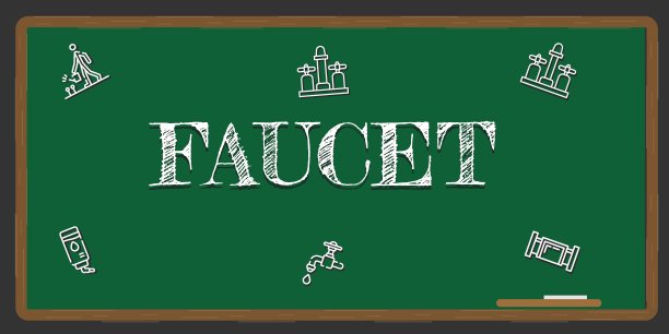 插画描绘了一个绿色的黑板上写着一个白色的水龙头概念。图片下载