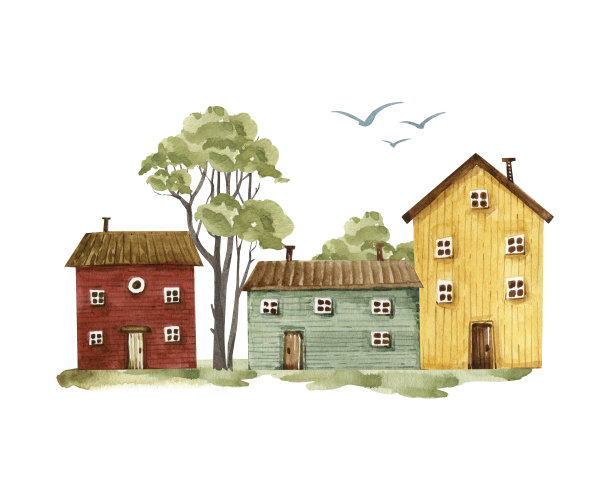 卡通风格的多色木屋，水彩插图。图片下载