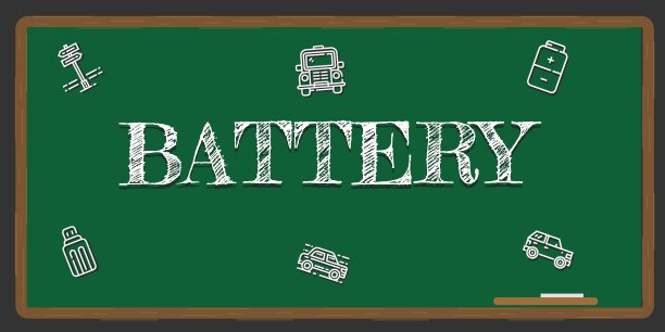 插画描绘了一个绿色的黑板上写着一个白色的电池概念。图片下载