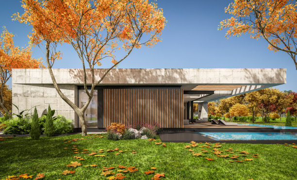 秋日现代风格的新混凝土房子的3d渲染图片下载