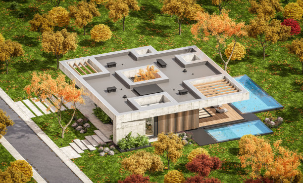 秋日现代风格的新混凝土房子的3d渲染图片下载