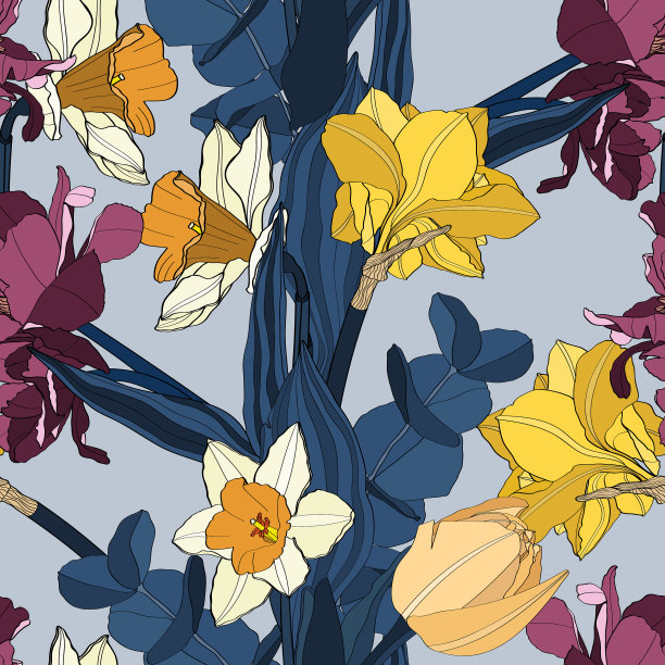 春天鲜花灿烂，郁金香水仙花无缝图片下载