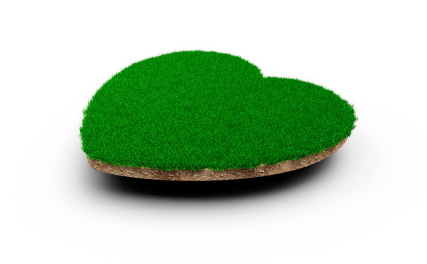 心型土壤土地地质剖面图用绿草、泥土剪去孤立的3D插图图片下载