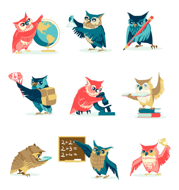 聪明的猫头鹰学习学校设置的科目图片下载