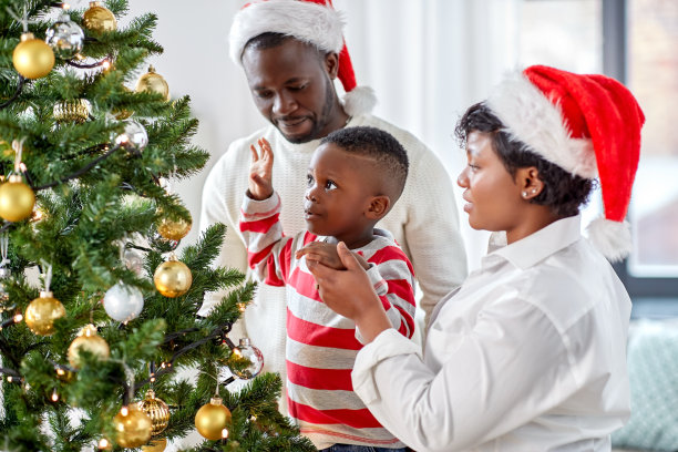 幸福的一家人在家里装饰圣诞树图片下载