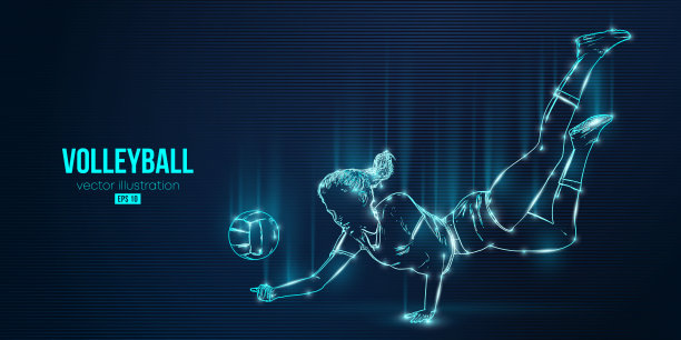 蓝色背景上排球运动员的抽象剪影。排球女运动员击球。矢量图图片下载