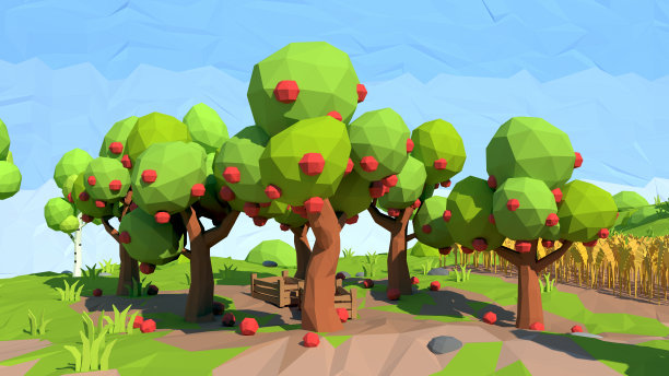 等距低聚苹果园，3D渲染图片下载